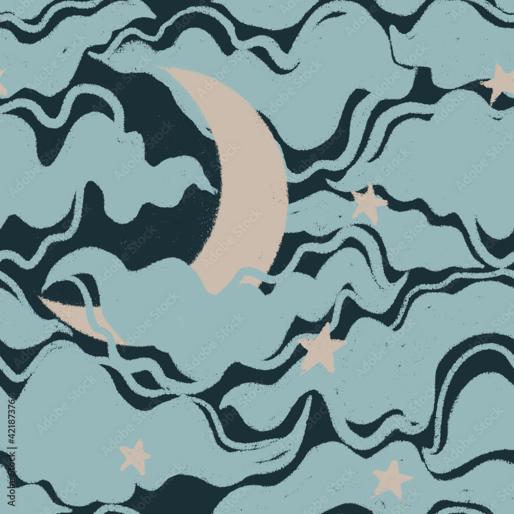 seamless pattern with moon, stars and clouds