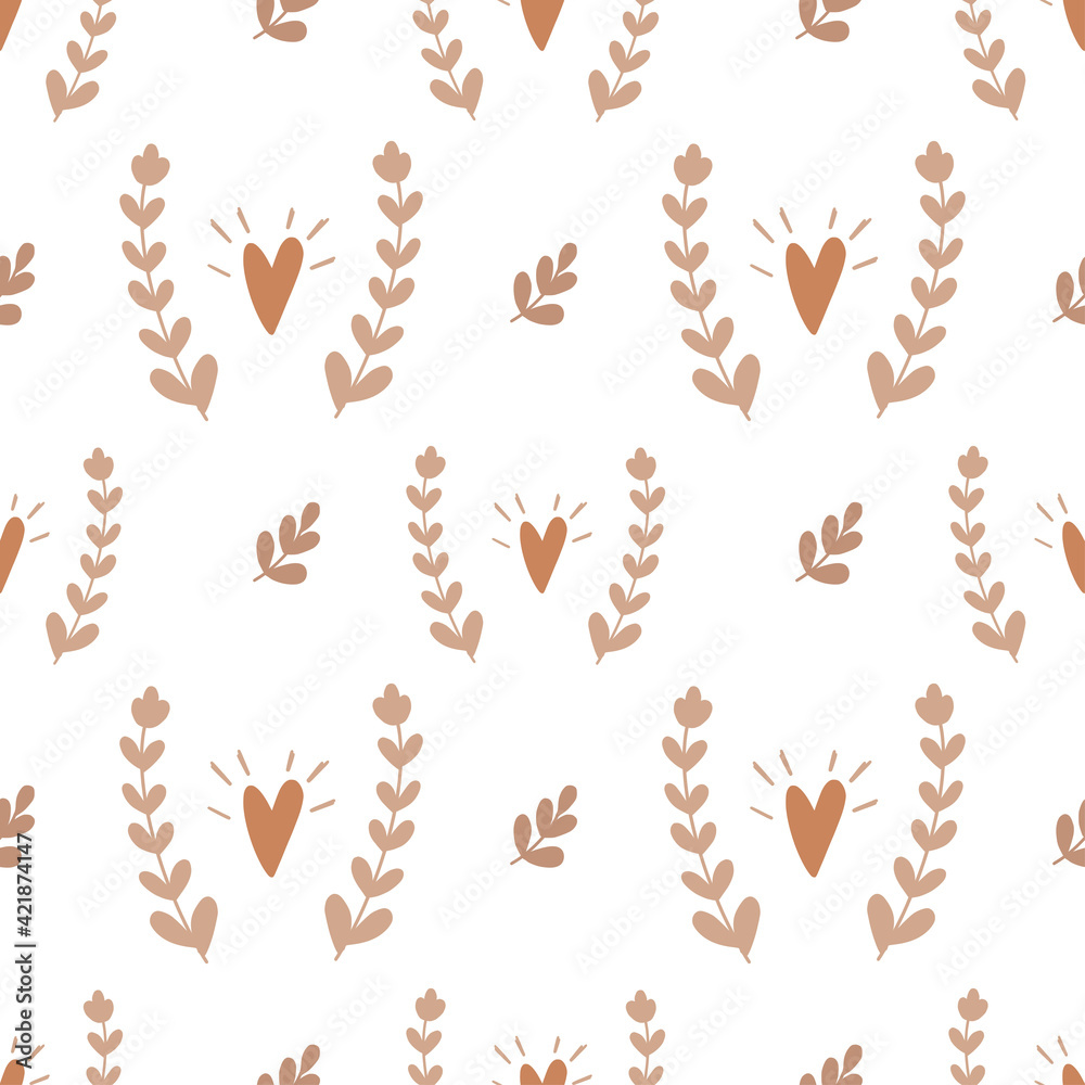 Heart and branch. Vector seamless pattern. 