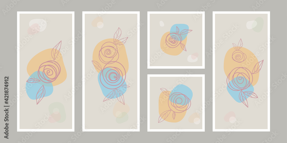Set of abstract trendy minimalist illustrations. Poster with floral rose outline pastel beige simple shape. Good for cover, invitation, wall decoration, poster, card. Set of abstract trendy minimalist illustrations. Poster with floral rose outline pastel beige simple shape. Good for cover, invitation, wall decoration, poster, card.