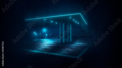 Fototapeta Naklejka Na Ścianę i Meble -  Dark night street with a gas station, neon lines, smoke, fog, street lights. Wet asphalt, reflection of neon lights in puddles. 3D illustration. 