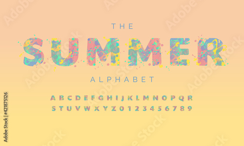 Vector alphabet with multicolored spots of paint on peach yellow background. Summer season set of letters and numbers. Design for banners, flyers, tags, decorations, poster or invitation.
