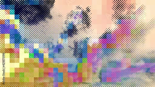 Clouds moving as a dot grid and in a mosaic glittering with warm, vivid colors. 4K colorful animation for background. Looped seamless.