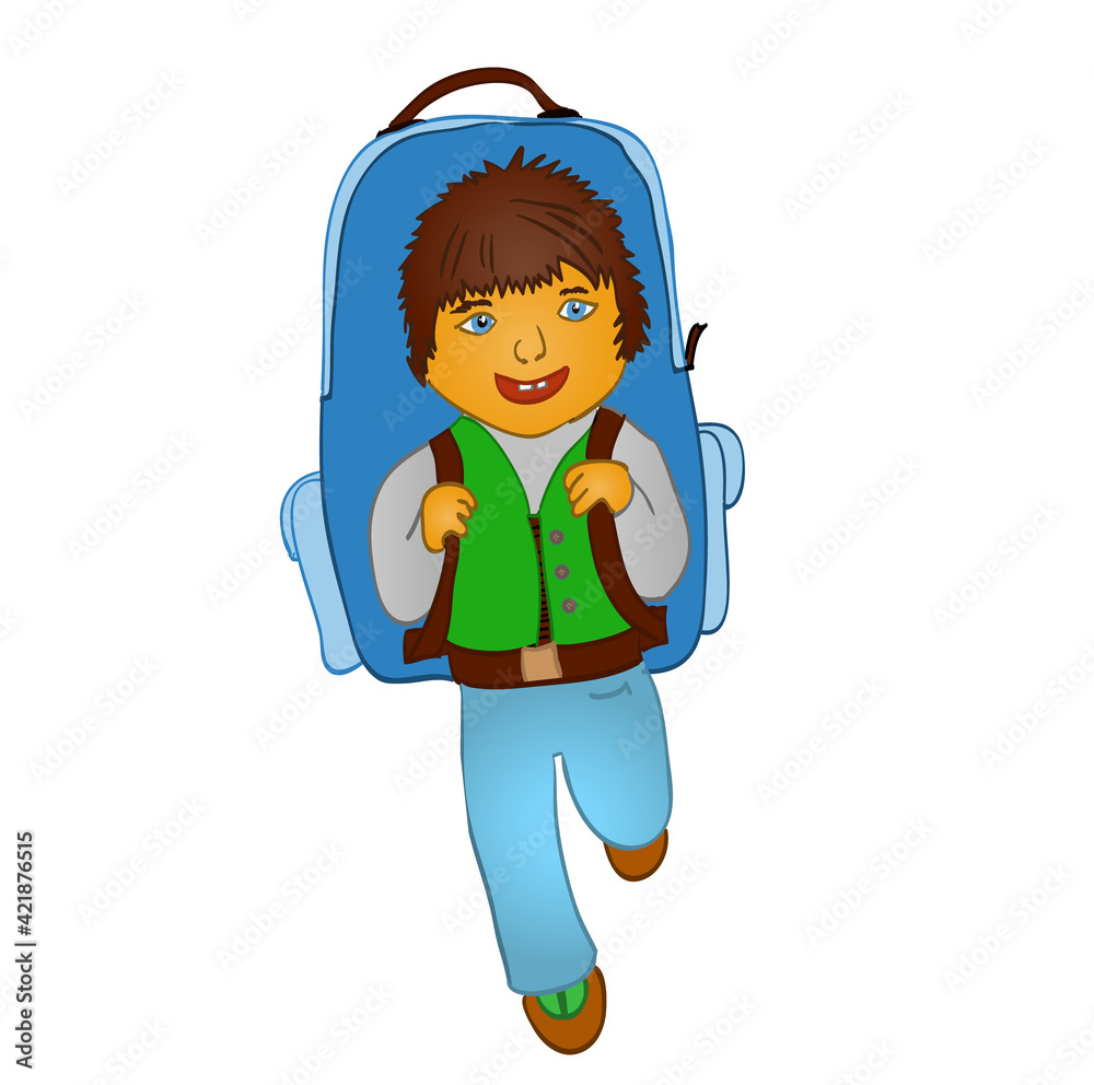 Boy going to school with a large backpack. Vector illustration isolated on white background. Boy going to school with a large backpack. Vector illustration isolated on white background.