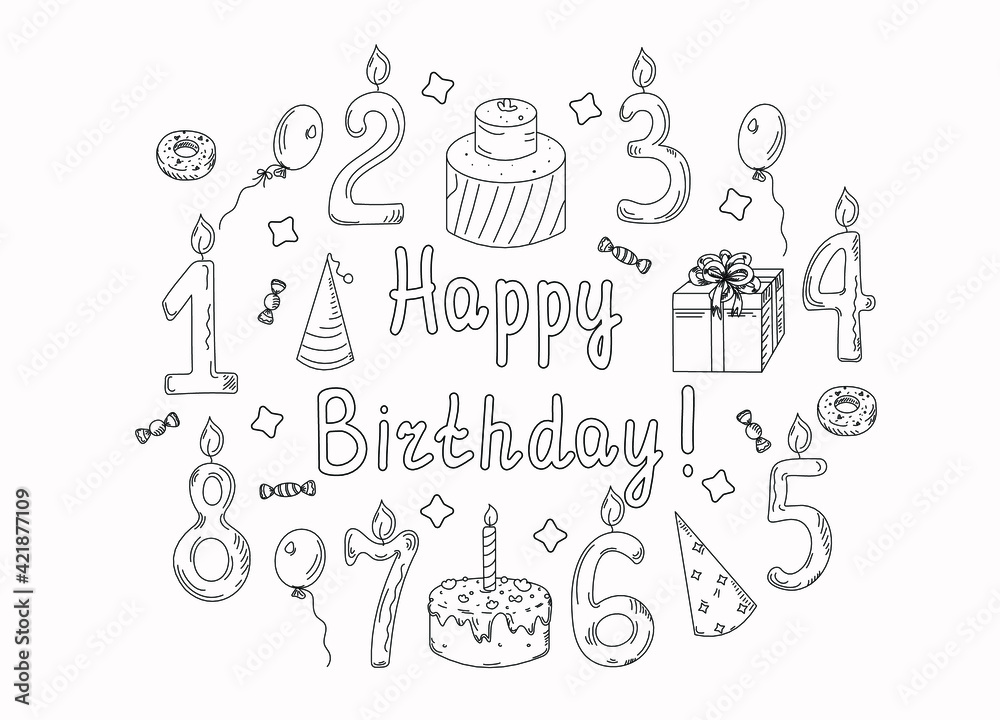 Obraz premium Happy birthday set with icons on the theme of the holiday. Figures and text. Vector illustration in doodle style. Decor for the design of invitations, cards, posters. The background is isolated.