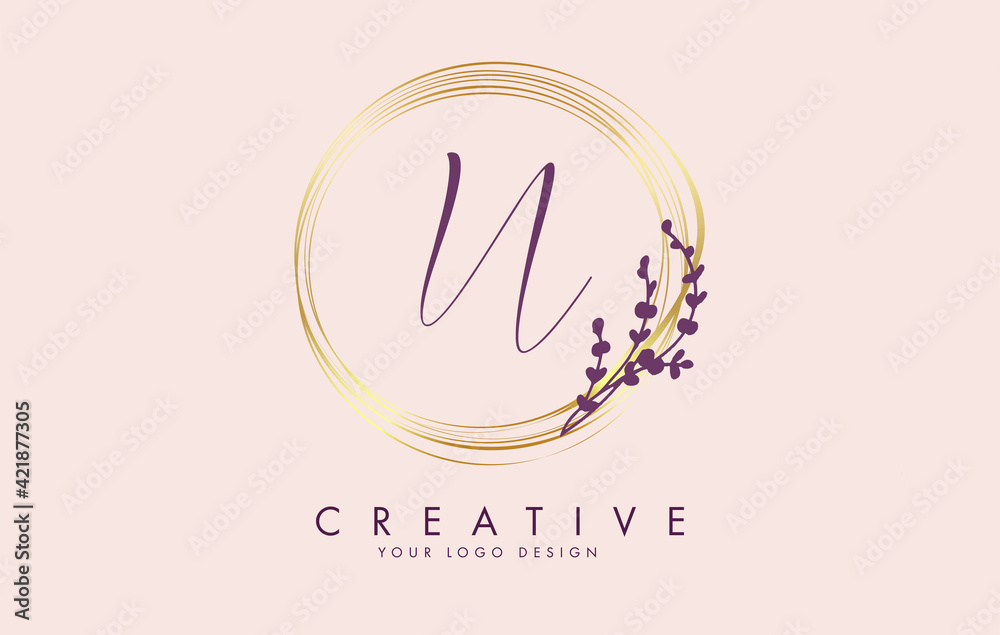 Handwritten N Letter logo design with golden circles and purple leaves on branches around. Vector Illustration with N letter.