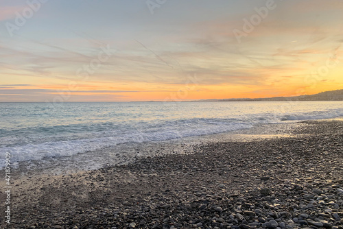 Sunset on the French Riviera  Cote d Azur . Pebble beach. Nice