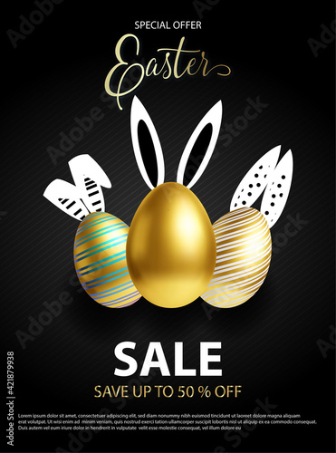 Easter Sale white, black and rose gold poster or flyer design with eggs and rabbits ears. Place for your text.
