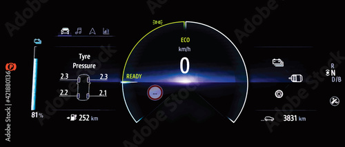 TPMS (Tyre Pressure Monitoring System) monitoring display on electronic instrument cluster. Checking tires pressures. Digital car dashboard with speedometer, odometer and battery range display in EV.