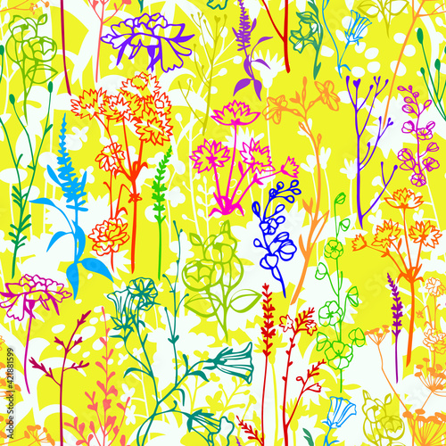 Botanical seamless pattern. Meadow herbs, plants, flowers. Line outline graphic drawing. Elegant floral silhouettes. Herbarium rustic style ornament.