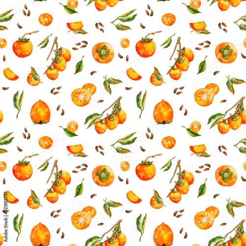 Seamless pattern with persimmon fruit, slices cut, branches, leaves, seeds. Isolated on white background. Perfect for printing on the fabric, design package and cover, wrapping paper, market