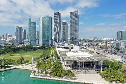 Aerial view of Perez Art Museum, Museum Park and waterfront buildings in Miami. photo