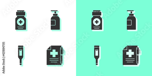 Set Medical prescription and pen, Medicine bottle, digital thermometer and Hand sanitizer icon. Vector