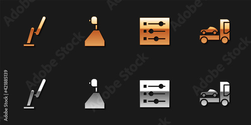 Set Windscreen wiper, Gear shifter, Car settings and transporter truck icon. Vector