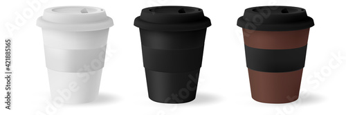 White mockup paper cup for hot coffee with black lid isolated on white background. Takeaway blank small tea cup for your design text or banner of brand.