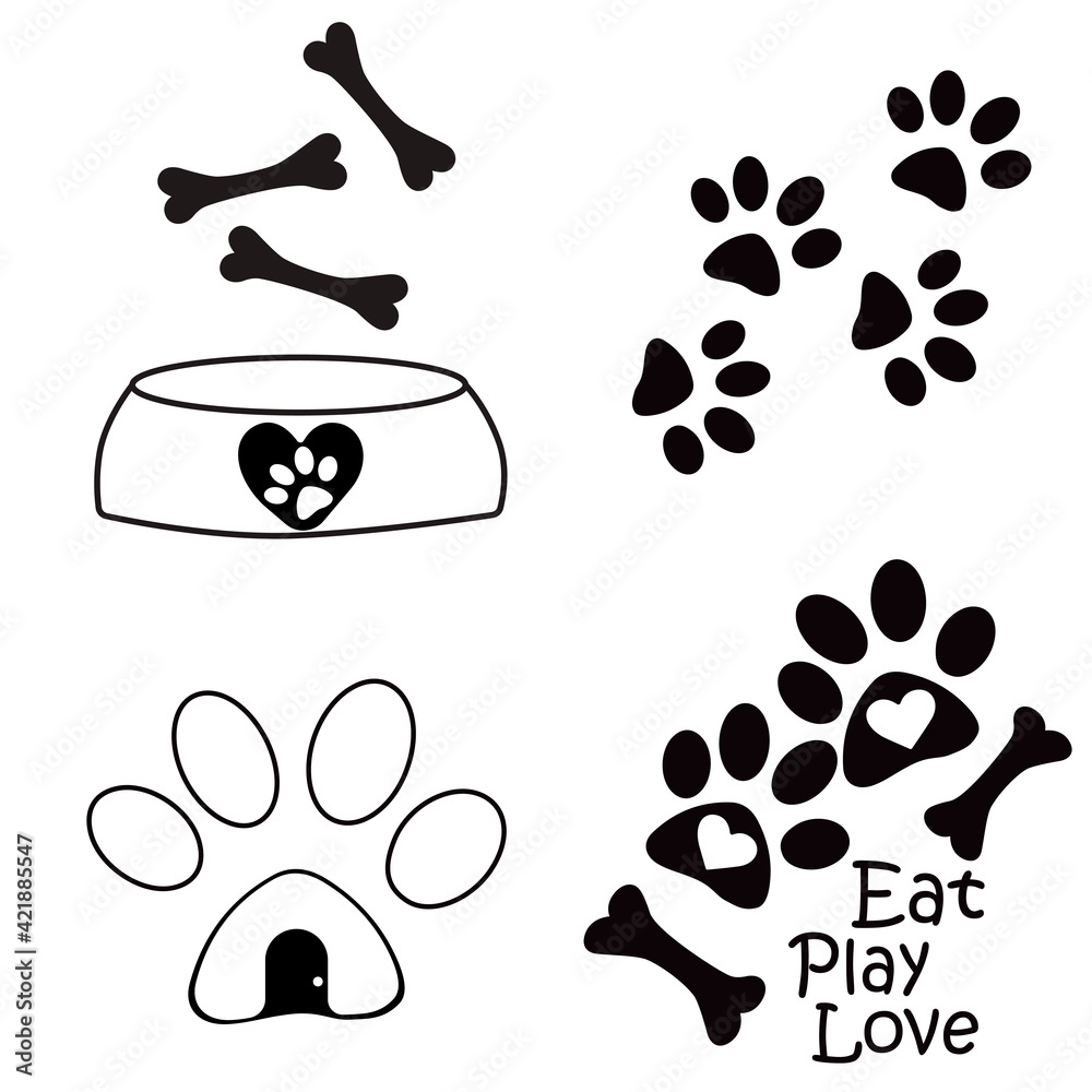 Animal Paw Silhouette, Heart, bone, vector, illustration Animal Paw Silhouette, Heart, bone, vector, illustration