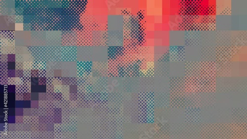 Clouds moving as a dot grid and in a mosaic shimmering with warm and soft colors. 4K colorful animation for background. Looped seamless.