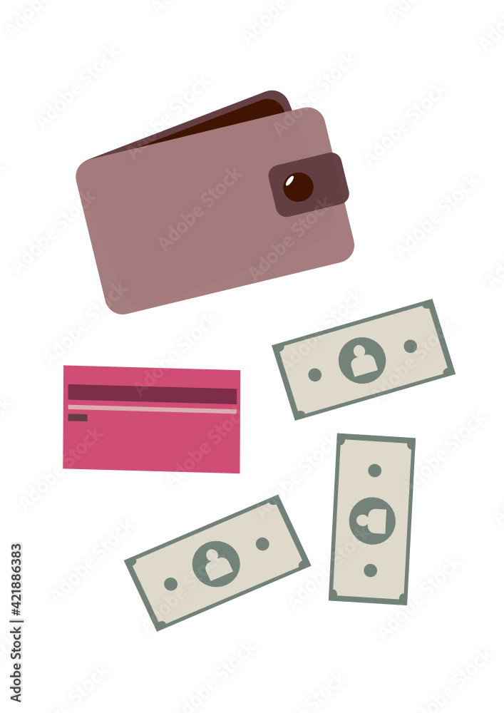 Purse with dollar banknotes and bank card. Money, salary, income, cash, non-cash. Wealth. Success. Flat style vector illustration. Purse with dollar banknotes and bank card. Money, salary, income, cash, non-cash. Wealth. Success. Flat style vector illustration.