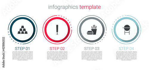 Set Gold bars, Baseball bat, Burger and french fries and Barbecue grill. Business infographic template. Vector