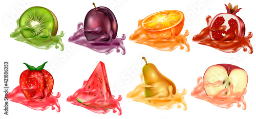 Set of eight delicious fresh fruit with juice splash