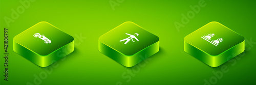 Set Isometric Bungee jumping, Snowboard and Vintage sport racing car icon. Vector