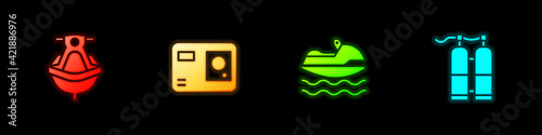 Set Jet ski, Action extreme camera, and Aqualung icon. Vector