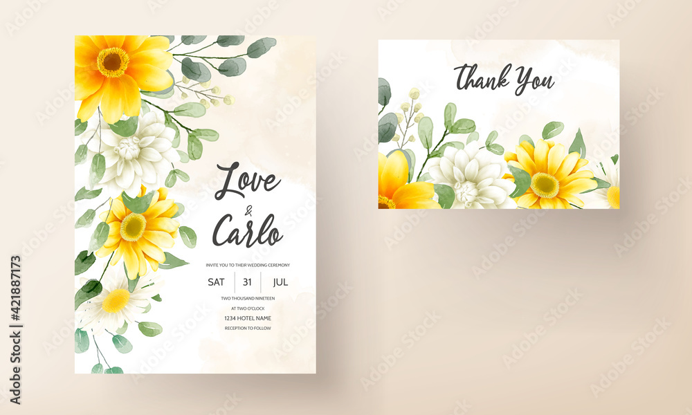 Modern wedding invitation card with beautiful watercolor floral decorations