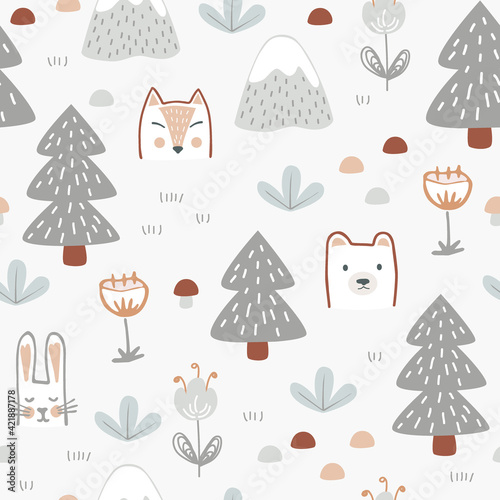 Seamless pattern with cute forest animals, flowers, and trees. Childish print for nursery background in a Scandinavian style for baby clothes, interior, packaging. Vector cartoon illustration