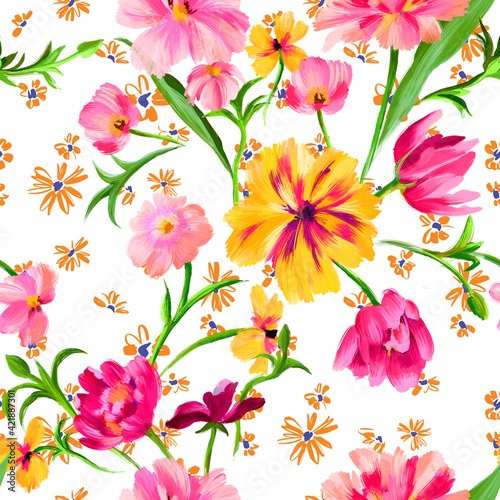 Botanical floral seamless pattern. Bright abstract fantasy flowers mixed with scattered small meadow daisies texture. Summer floral background.