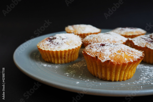 six round pumpkin muffins sprinkled with powdered sugar lie on a gray round plate on a black background side view