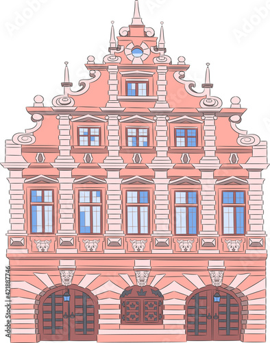 A beautiful pink multi-storey building in the historical part of Brussels.