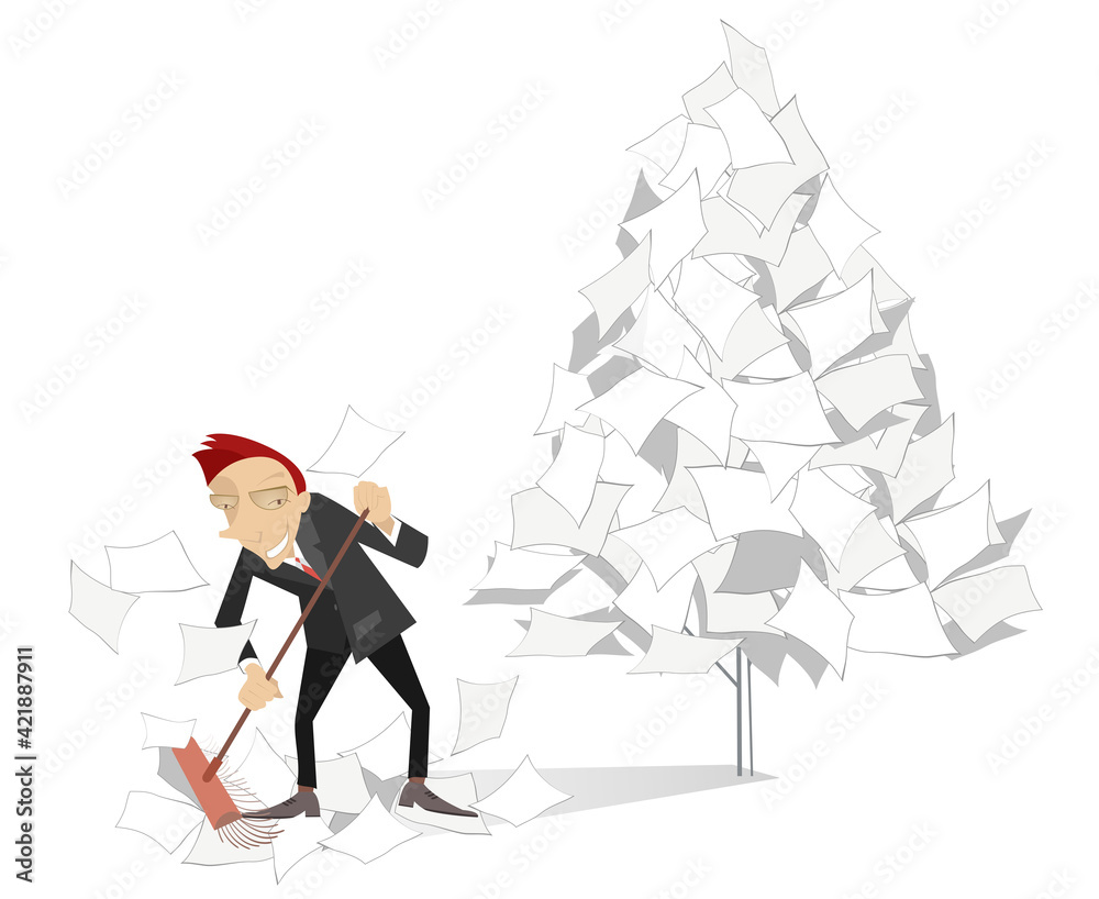 Fototapeta premium Tidying up businessman illustration. Man sweeps papers in the office and makes a paper tree 
