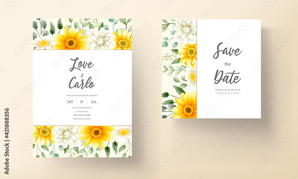 Naklejka premium Modern wedding invitation card with beautiful watercolor floral decorations