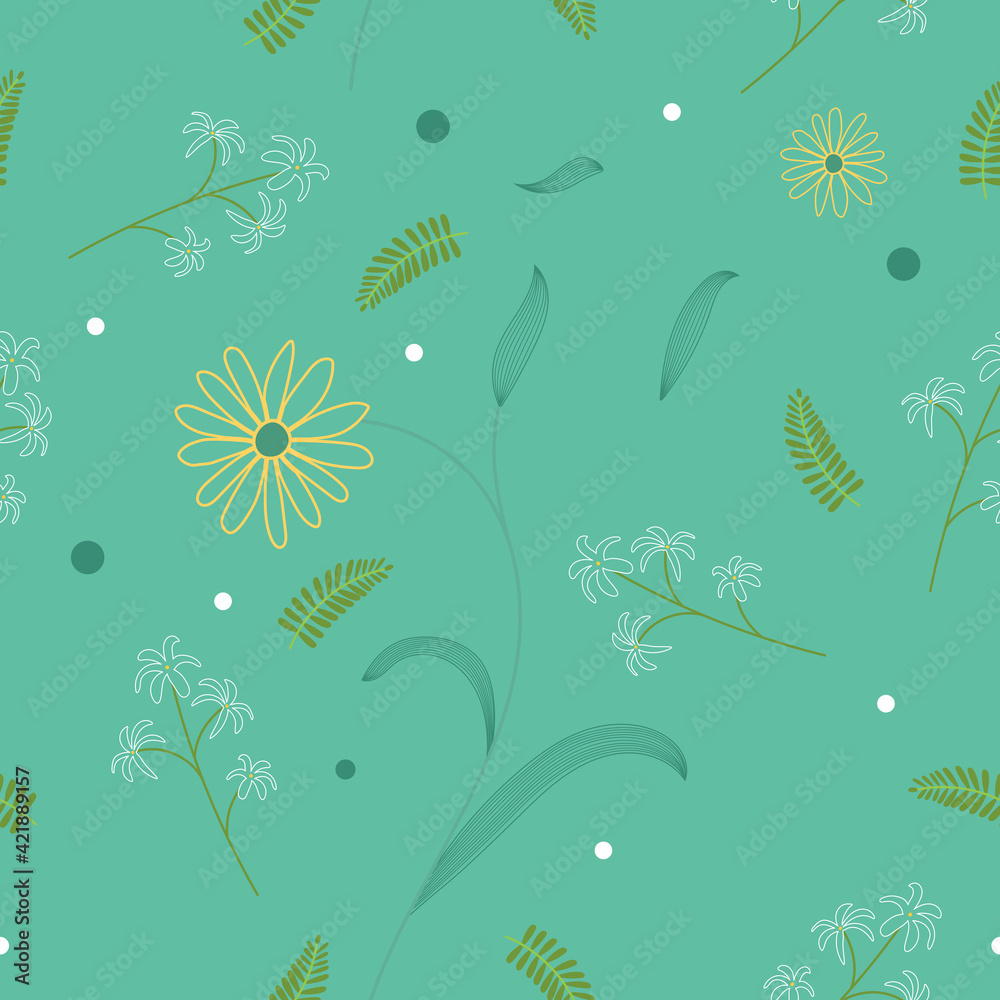 Floral spring seamless botanical pattern wallpaper with hand drawn flowers on teal background.