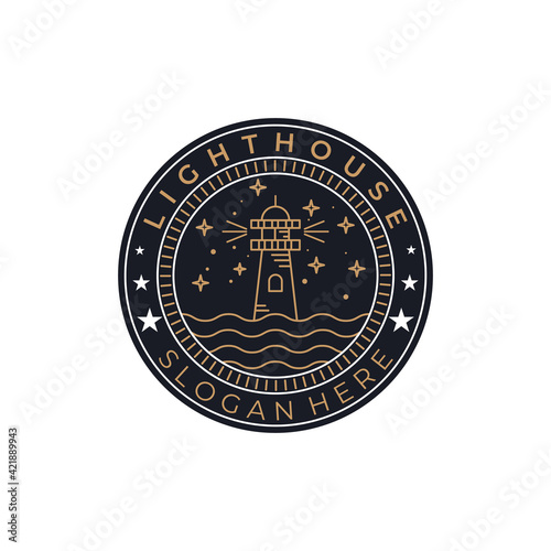 lighthouse night mode line art emblem vintage icon logo vector illustration template design. tower line art emblem logo