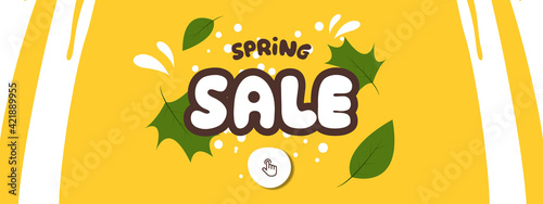 Horizontal design of the poster for the day of sale. With the text spring sale on a yellow background with drops and green leaves, it is suitable for social networks and websites. Vector illustration