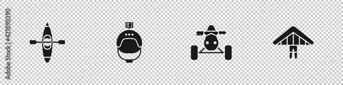 Set Kayak or canoe, Helmet and action camera, ATV motorcycle and Hang glider icon. Vector