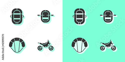 Set Mountain bike, Rafting boat, Parachute and icon. Vector