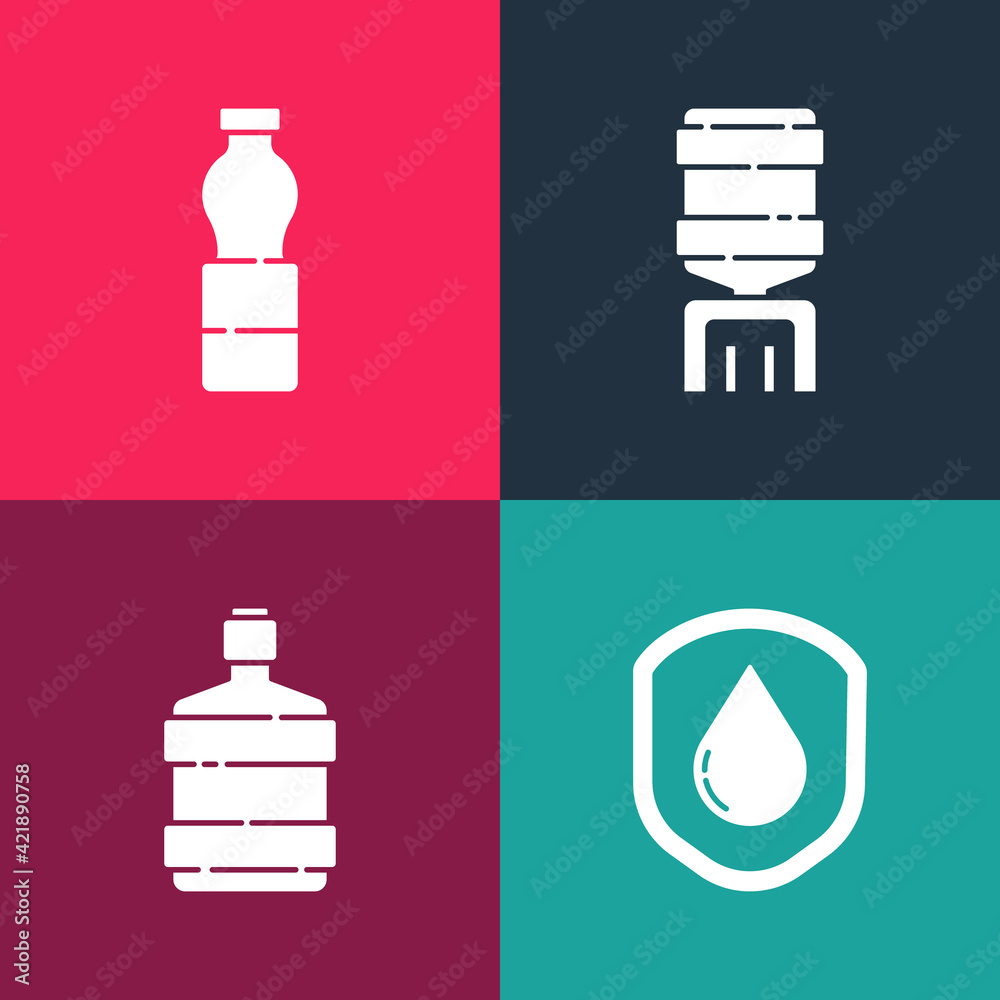 Set pop art Waterproof, Big bottle with clean water, cooler and Bottle icon. Vector Set pop art Waterproof, Big bottle with clean water, cooler and Bottle icon. Vector