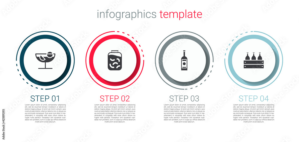 Set Cocktail, Pickled cucumbers in jar, Glass bottle of vodka and Bottles wine wooden box. Business infographic template. Vector Set Cocktail, Pickled cucumbers in jar, Glass bottle of vodka and Bottles wine wooden box. Business infographic template. Vector