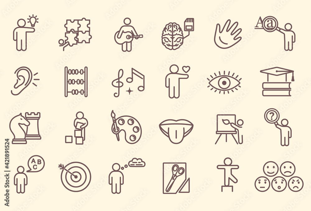 Large set of line drawn icons depicting Cognitive Abilities