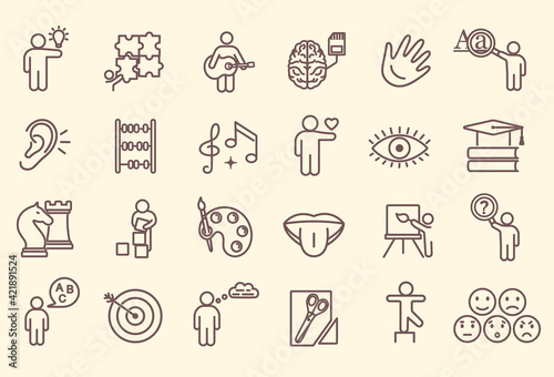 Large set of line drawn icons depicting Cognitive Abilities