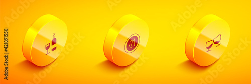 Set Isometric Wine bottle with glass, Alcohol 21 plus and Glass of cognac or brandy icon. Vector
