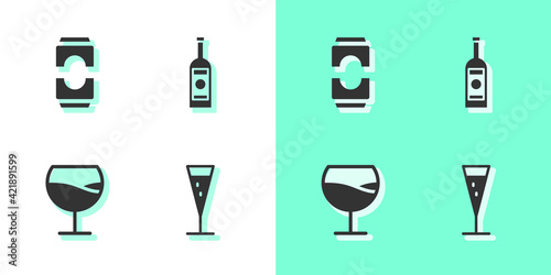 Set Glass of champagne, Beer can, Wine glass and bottle vodka icon. Vector