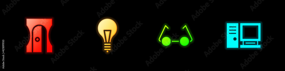 Set Pencil sharpener, Light bulb with concept of idea, Glasses and Computer monitor icon. Vector Set Pencil sharpener, Light bulb with concept of idea, Glasses and Computer monitor icon. Vector