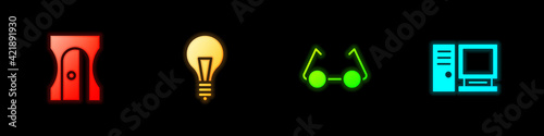 Set Pencil sharpener, Light bulb with concept of idea, Glasses and Computer monitor icon. Vector