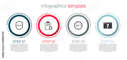 Set Shield with text Help, Checklist 24 hours service, Clock and Browser question mark. Business infographic template. Vector