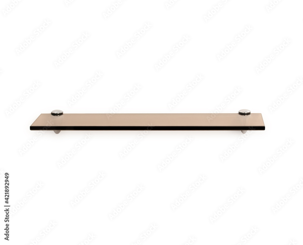 Glass shelf made from bronze glass with chrome holders isolated on white wall. Front view. Glass shelf made from bronze glass with chrome holders isolated on white wall. Front view.