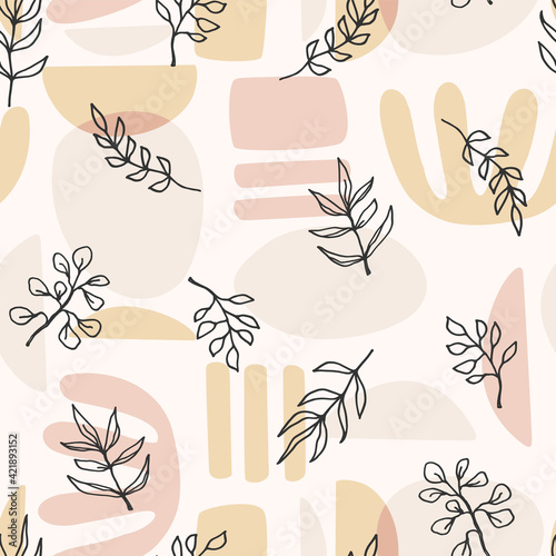 Contemporary art seamless pattern with plant branches. Line art. Modern design