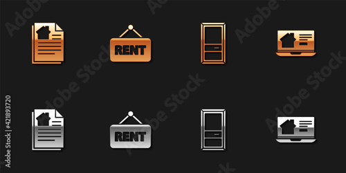 Set House contract, Hanging sign with Rent, Closed door and Online real estate house icon. Vector