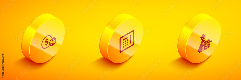 Set Isometric Money coin with percent, Safe and bag and icon. Vector Set Isometric Money coin with percent, Safe and bag and icon. Vector